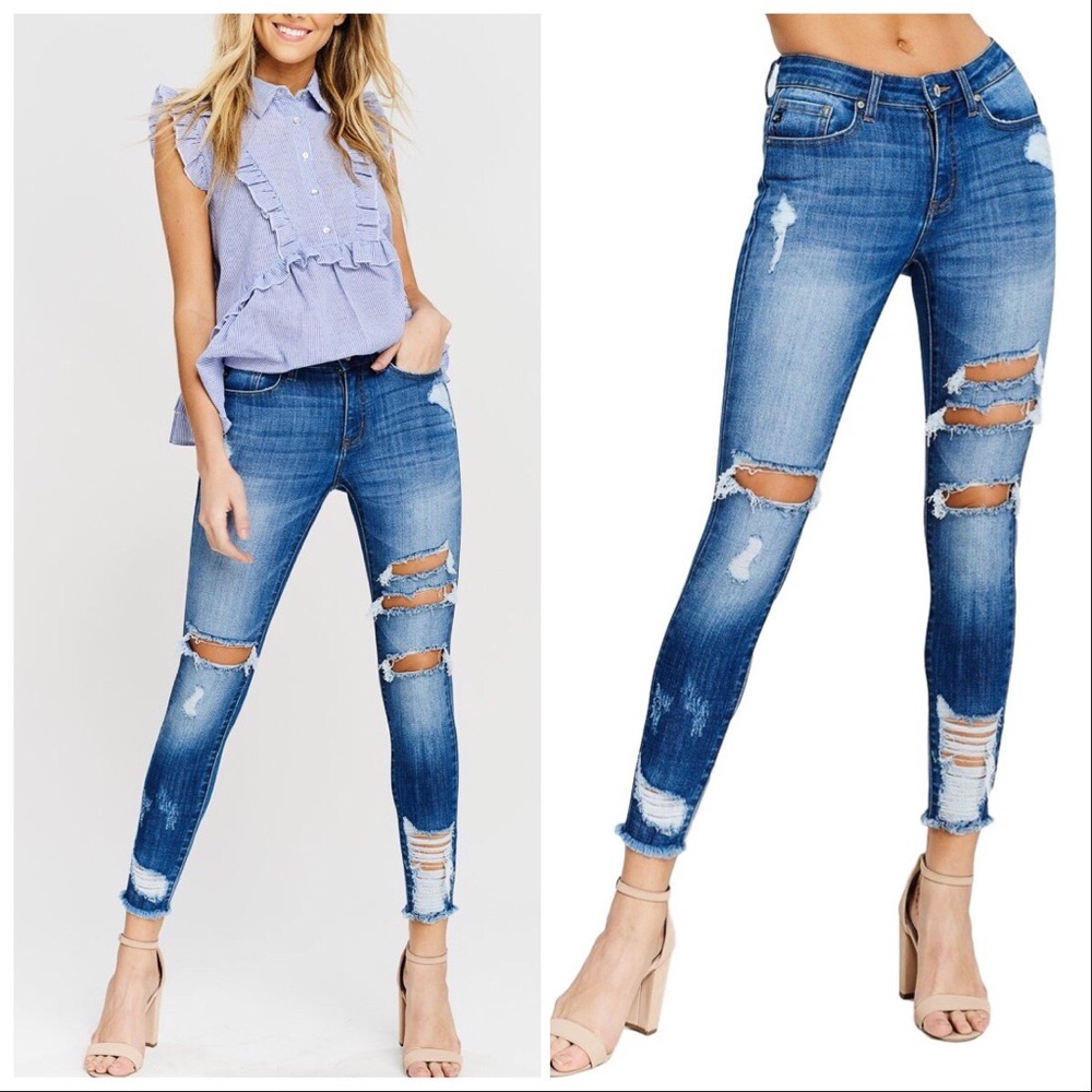 KANCAN NEW‼️DISTRESSED RIPPED ANKLE SKINNY- JEANS - Picture 2 of 7